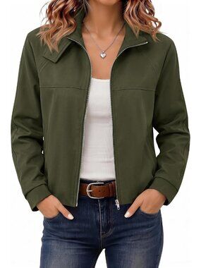 🆕Women’s Dark Green Cropped Zip Up Jacket Funnel Neck Bubble Back Moto Coat